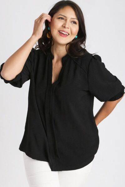 Umgee Full Size Split Neck Boxy Cut Top with Piping Details Plus Size