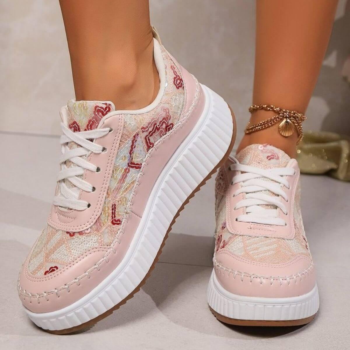 Sequin Round Toe Platform Lace Up Sneakers