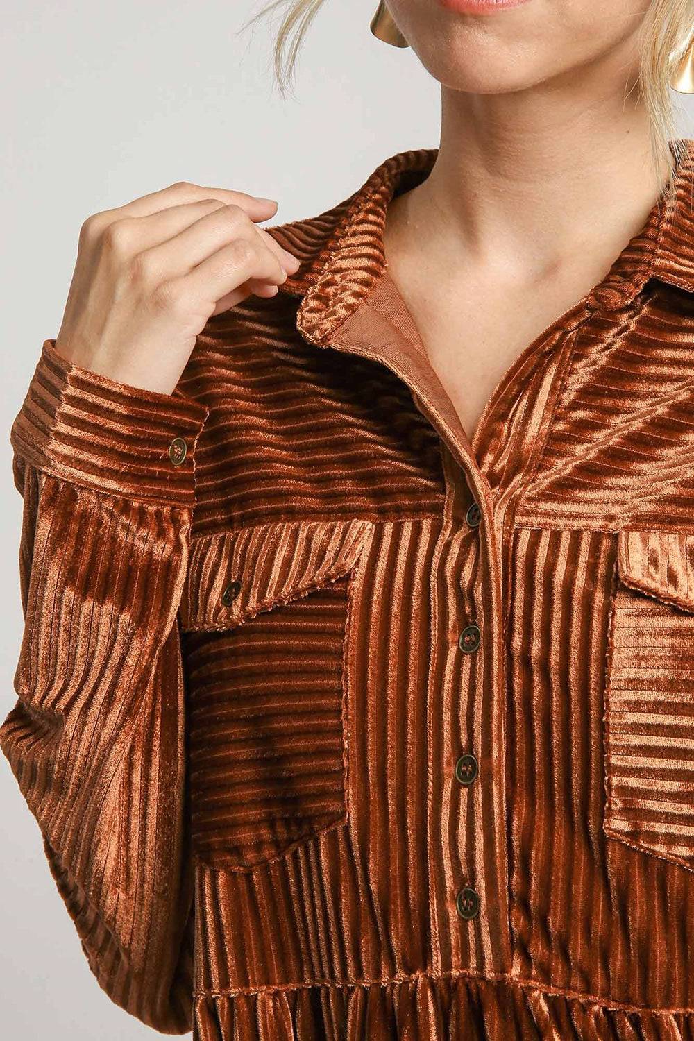 Umgee Texture Tiered Collared Long Sleeve Dress - Clothes For Her Online Store