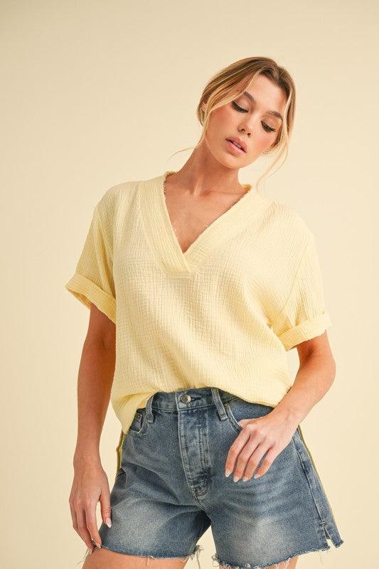 Aemi + Co Side Slit V-Neck Short Sleeve Blouse