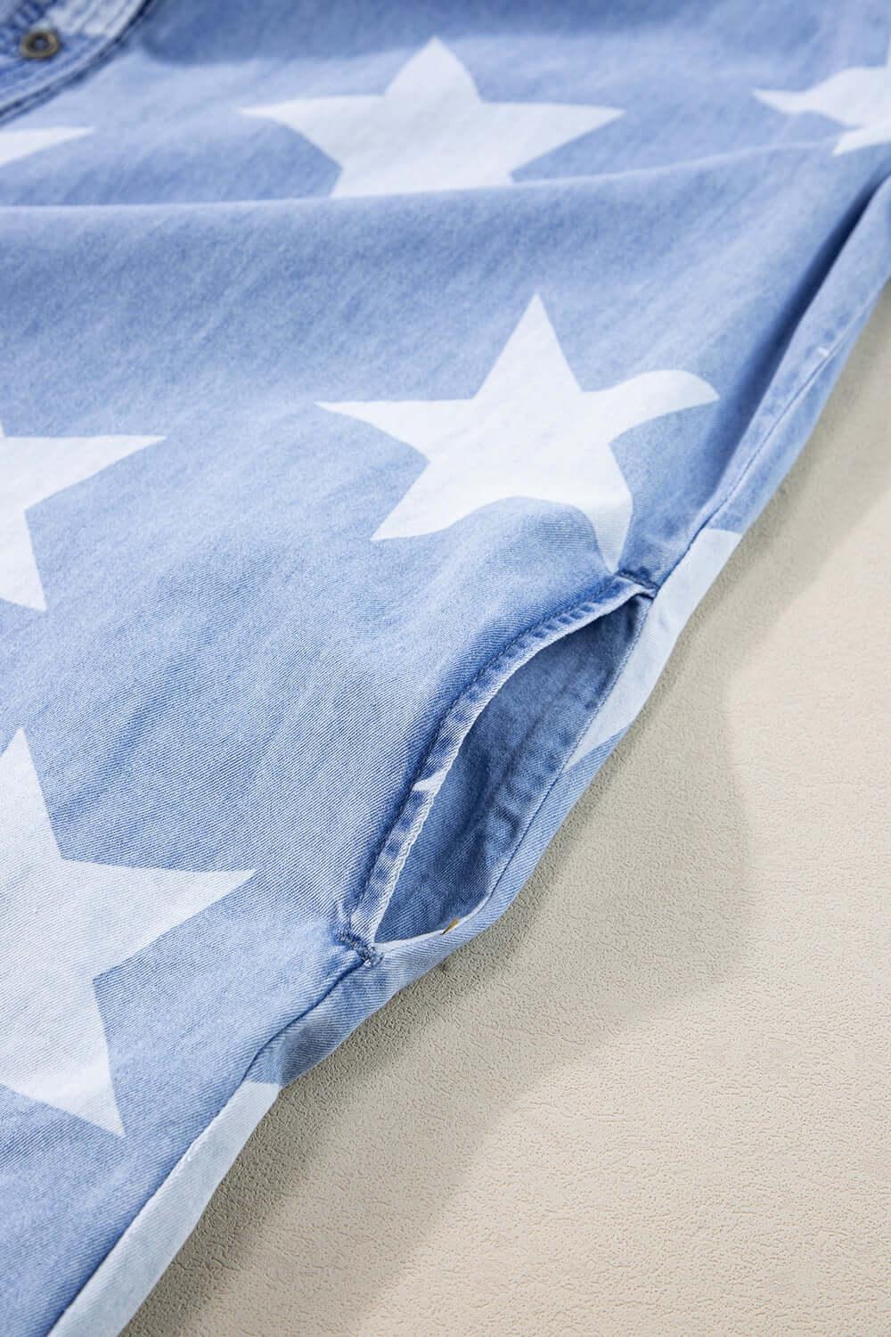 Stars Frayed Hem Collared Short Sleeve Denim Dress