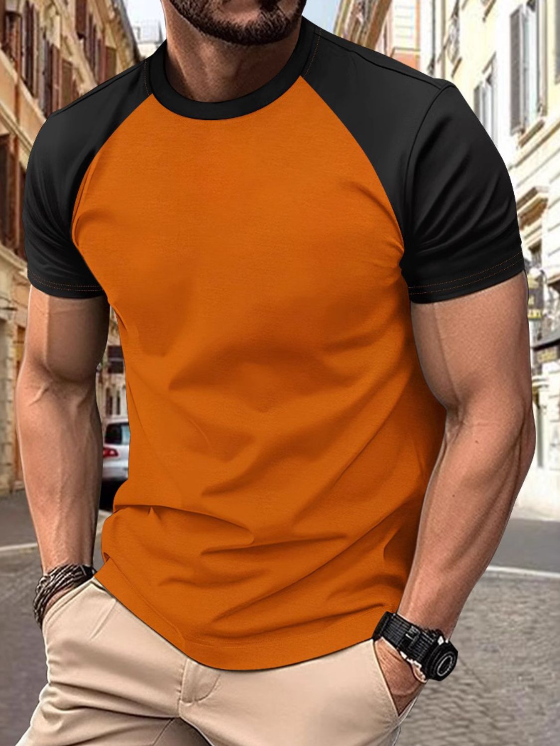 Men's Full Size Round Neck Contrast T-Shirt Plus Size - Clothes For Her Online Store