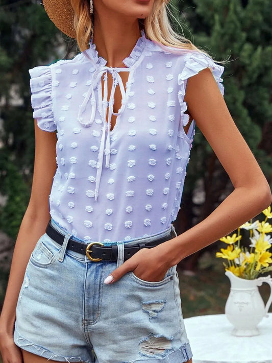Frill Tie Neck Cap Sleeve Blouse