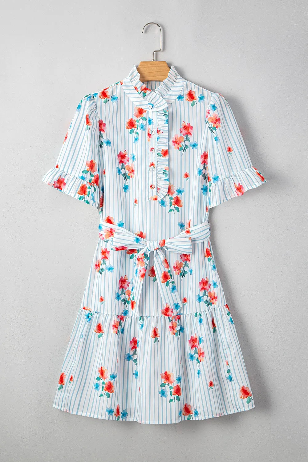 Stripe Floral Pattern Ruffle Short Sleeve Belted Mini Dress