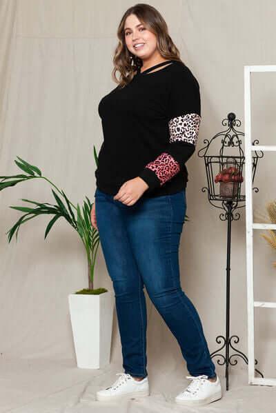 Plus Size Leopard Dropped Shoulder Long Sleeve T-Shirt - Clothes For Her Online Store
