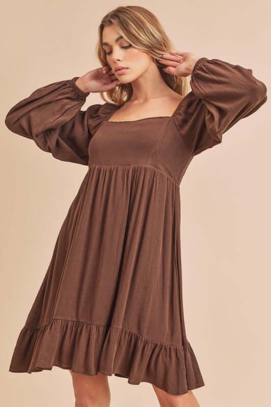 Aemi + Co Ruffled Hem Square Neck Balloon Sleeve Mini Dress - Clothes For Her Online Store