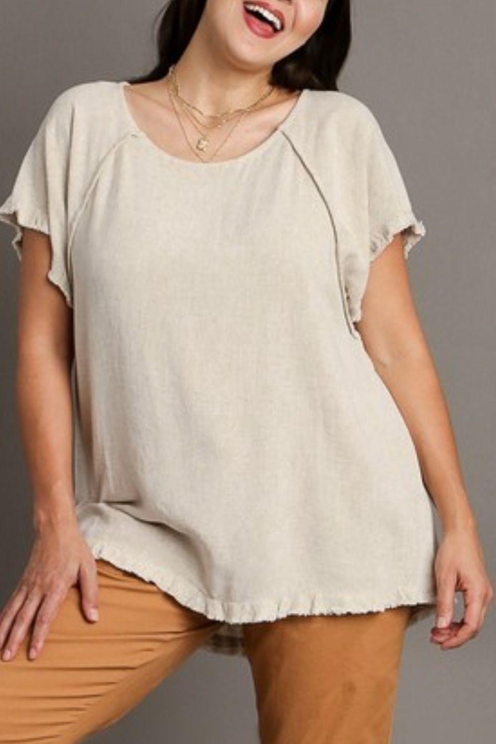 Umgee Full Size Seam Detail Linen Ruffle Fringe Edge Top Plus Size