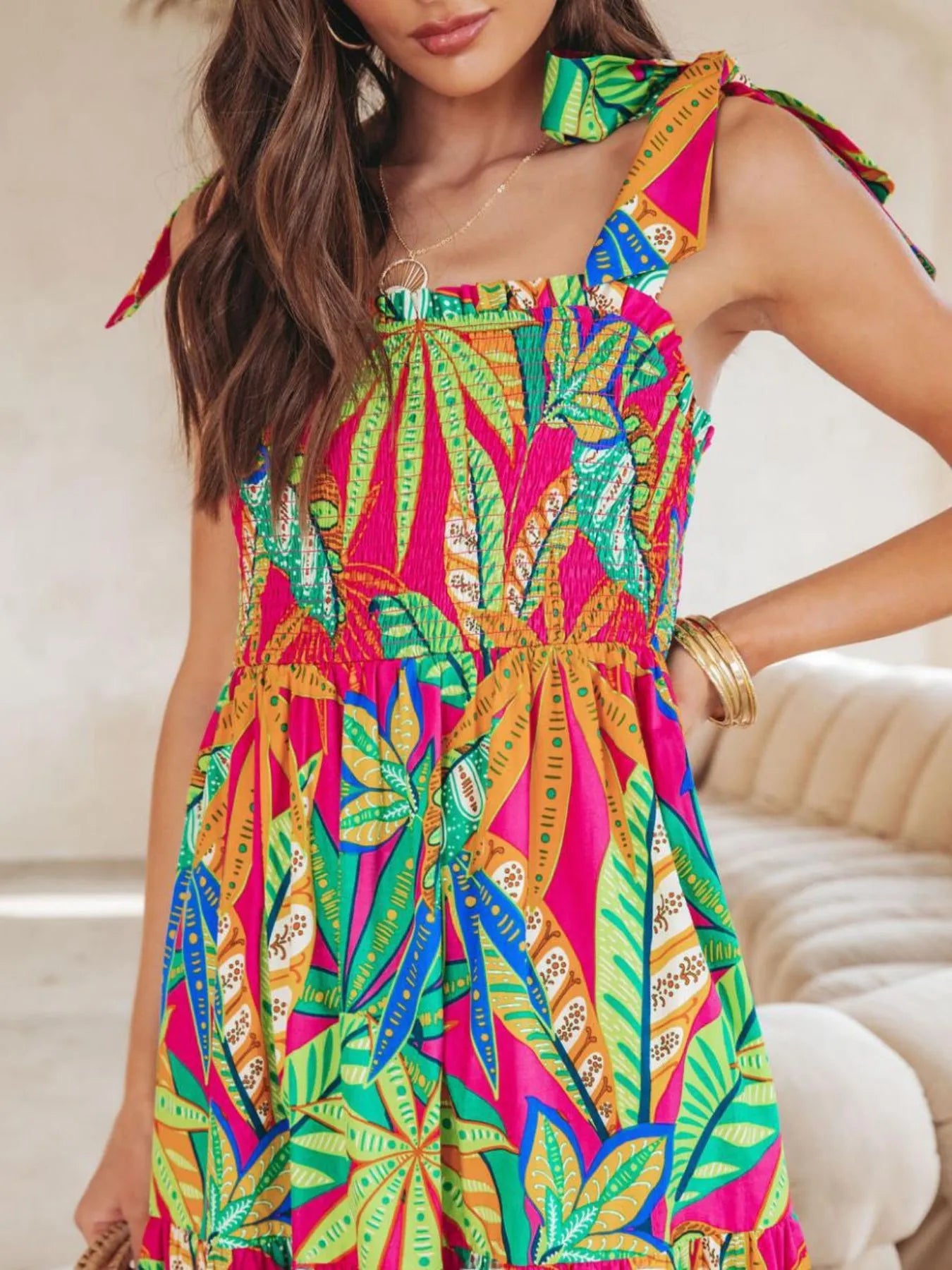 Tropical Print Tie Shoulder Maxi Dress