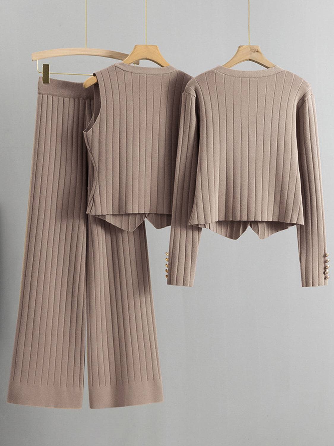 V-Neck Tank, Cardigan and Pants Three-Piece Sweater Set - Clothes For Her Online Store