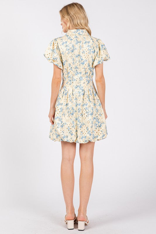 GeeGee Floral Eyelet Zipper Front Puff Sleeve Mini Dress - Clothes For Her Online Store