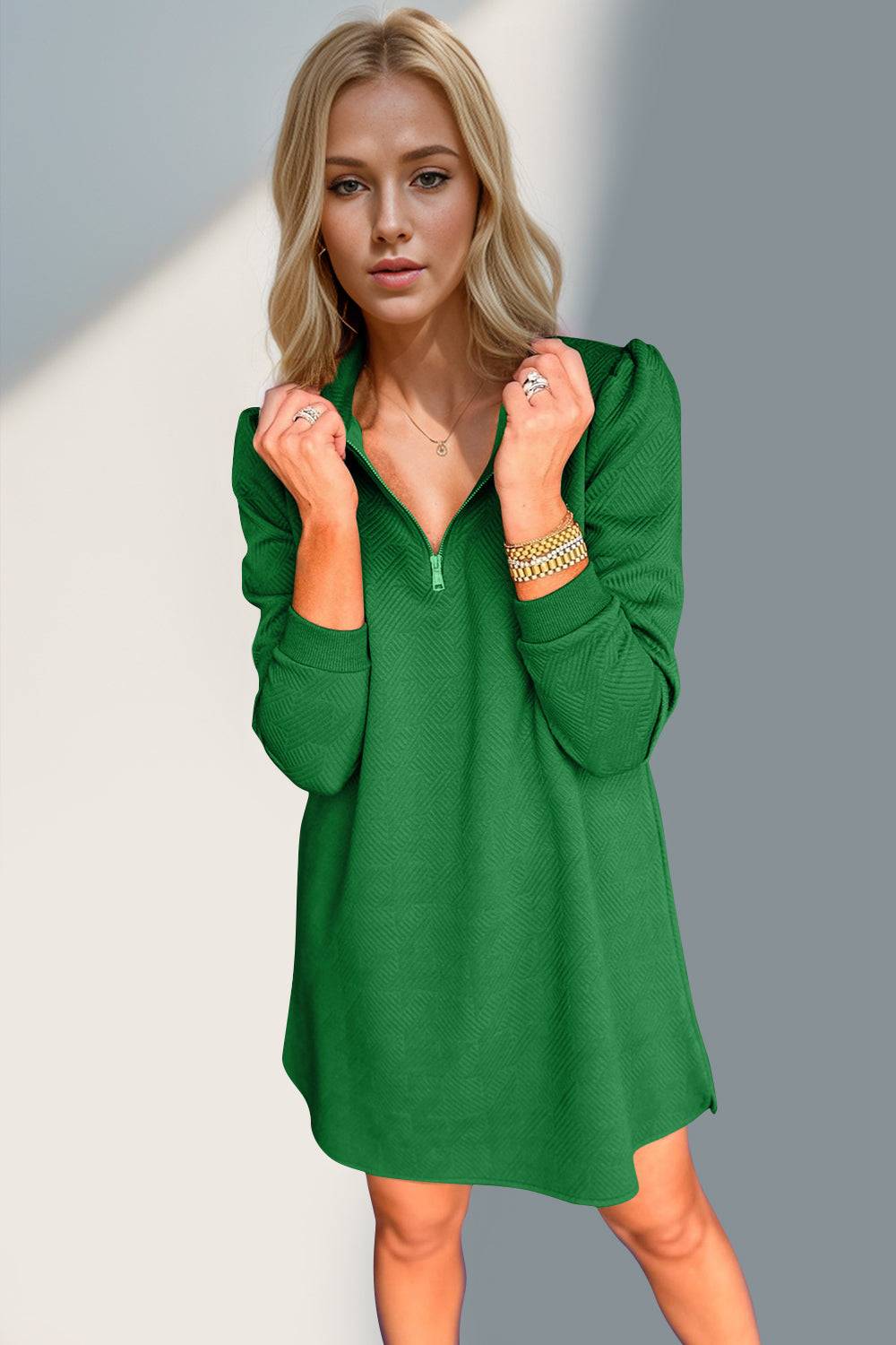 Double Take Textured Quarter Zip Long Sleeve Dress - Clothes For Her Online Store