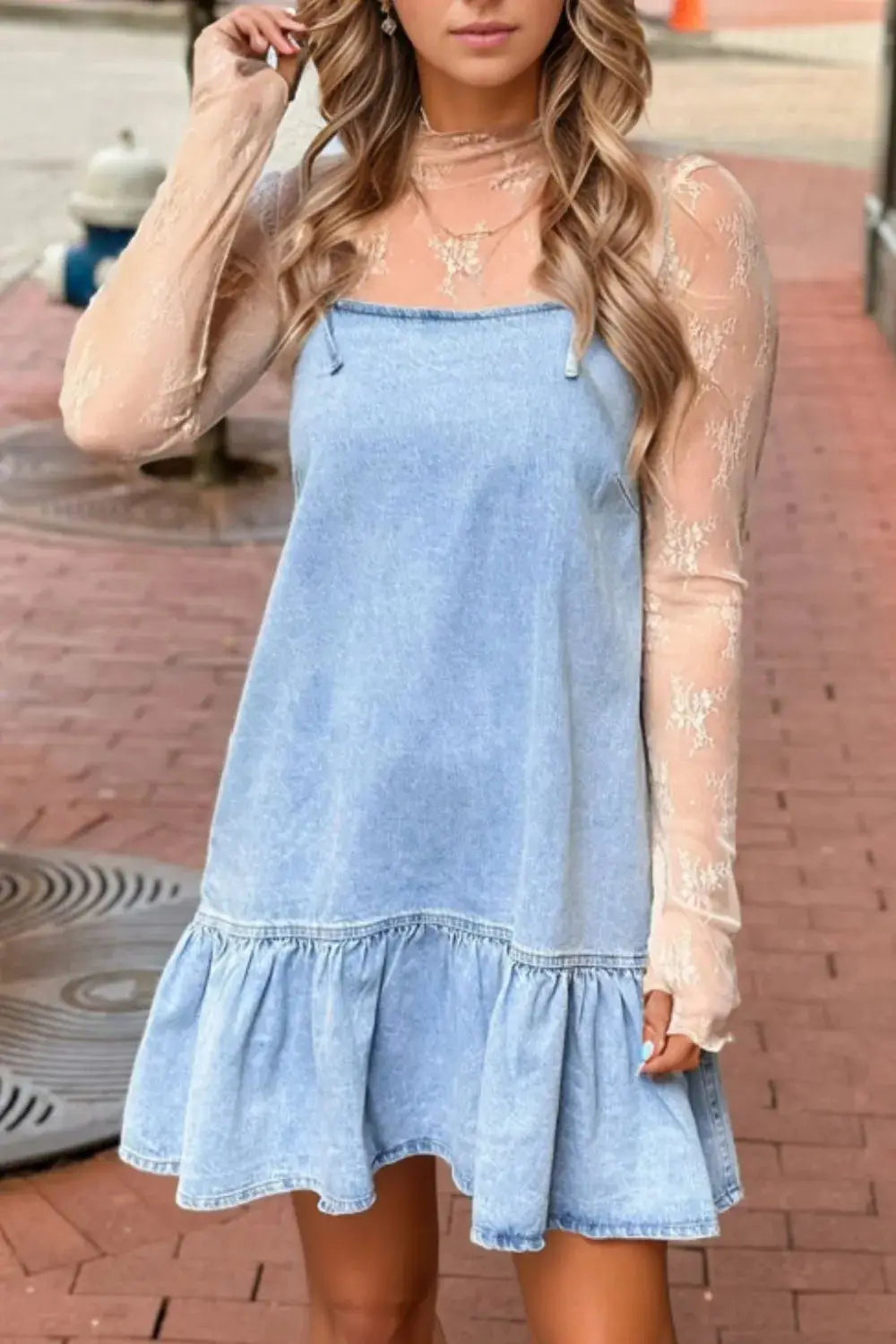 Bow Detail Spaghetti Straps Ruffle Hem Denim Dress - Clothes For Her Online Store