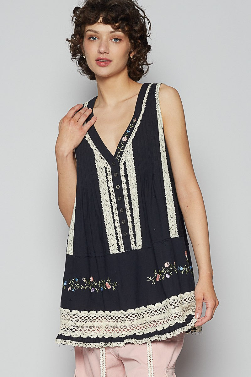 POL Embroidered Lace Detail V-Neck Sleeveless Top