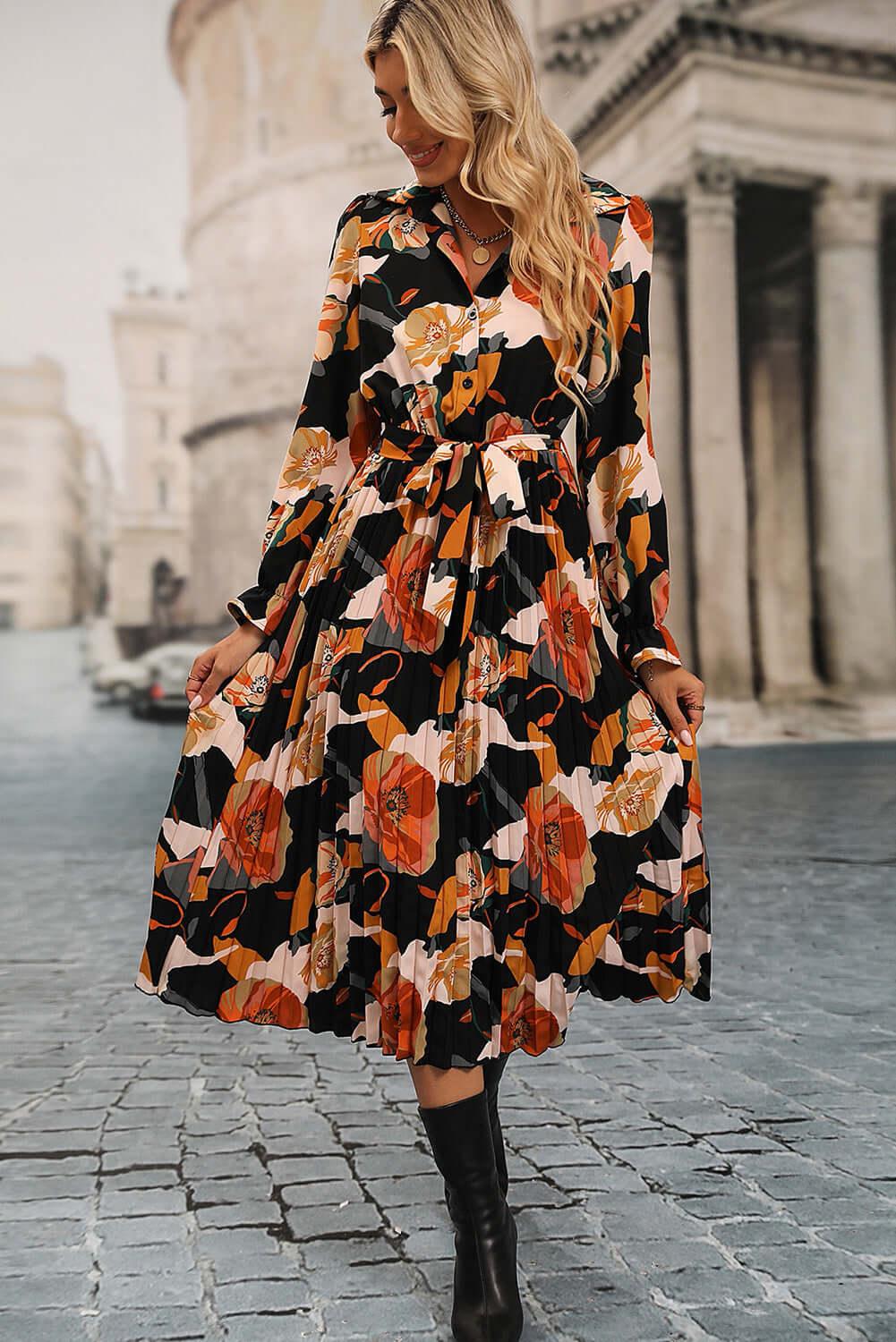 Multicolor Floral Print Waist Tie Pleated Midi Shirt Dress