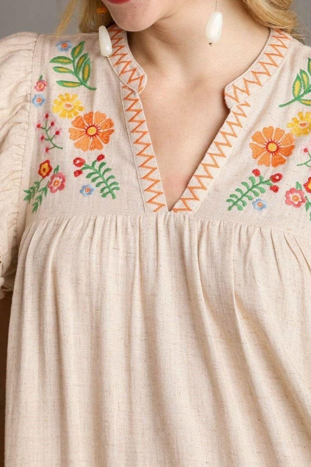 Floral Embroidery Pom Pom Ruffle Sleeves Mini Dress