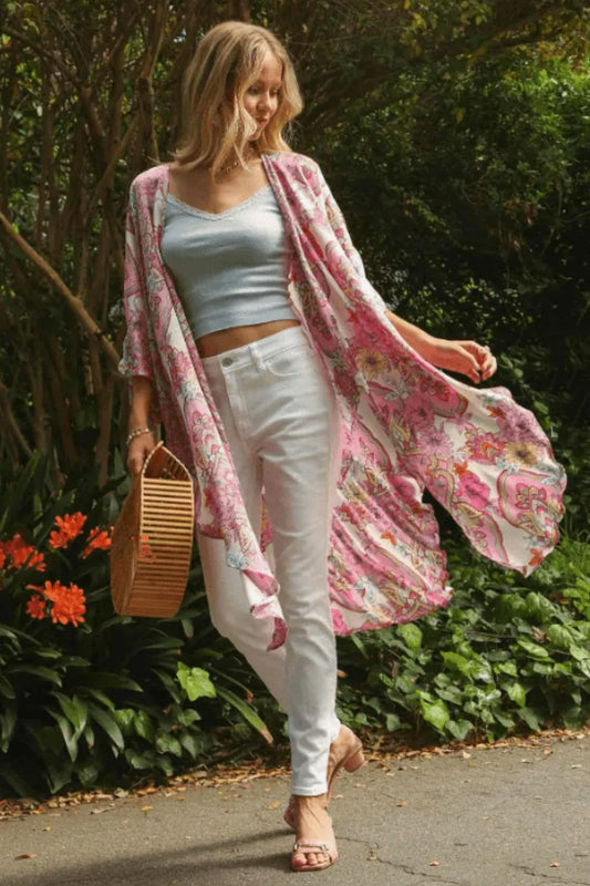 Umgee Full Size Mixed Print Open Front Kimono with Ruffle Sleeves Plus Size