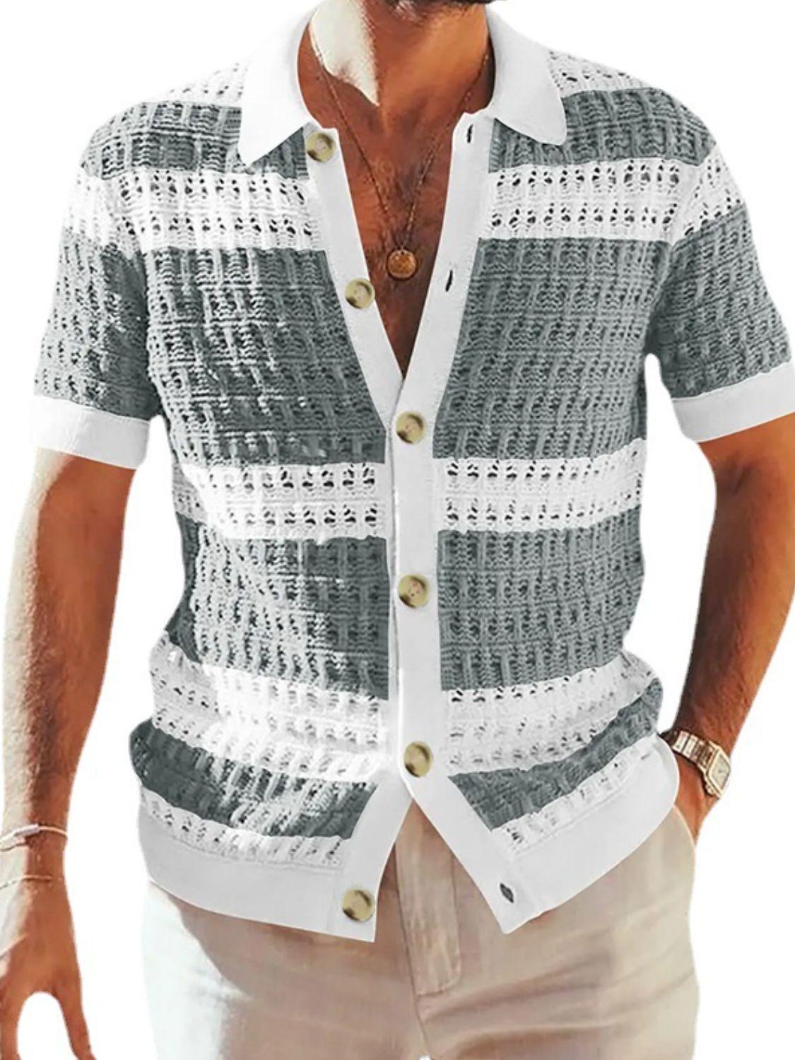 Men's Button Down Collared Neck Contrast Openwork Shirt - Clothes For Her Online Store
