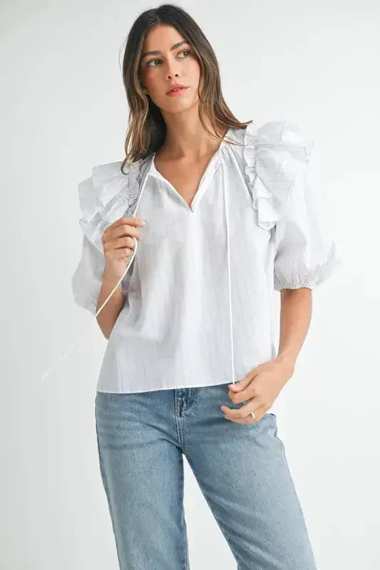 MABLE Stripe Ruffle Shoulder Puff Sleeve Blouse - Clothes For Her Online Store