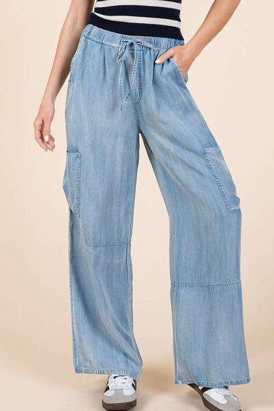 Mittoshop Washed Elastic Waist Cargo Wide Leg Pants - Clothes For Her Online Store