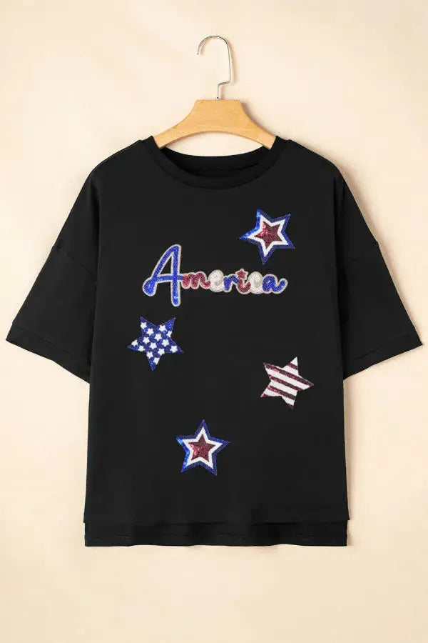Sequined America Star Round Neck T Shirt - Clothes For Her Online Store