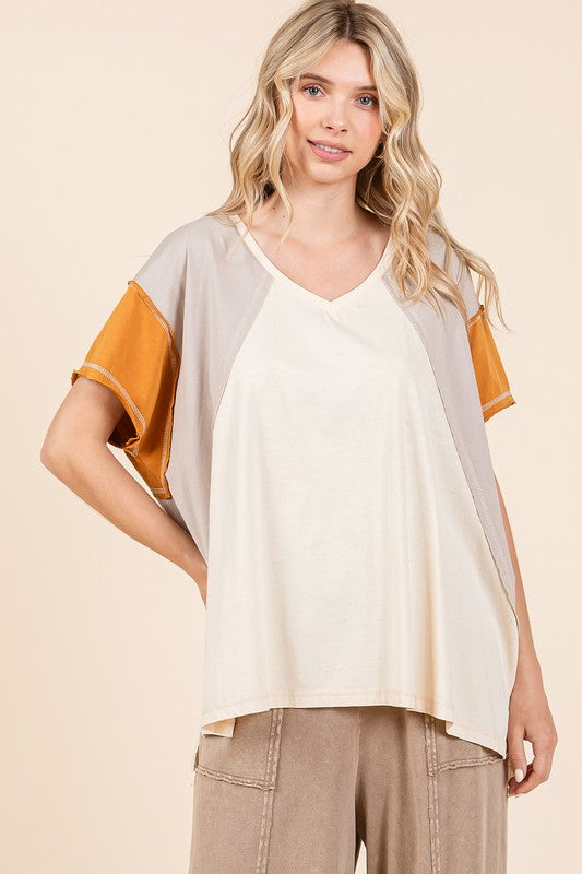 Mittoshop Color Block V-Neck Short Sleeve T-Shirt - Clothes For Her Online Store