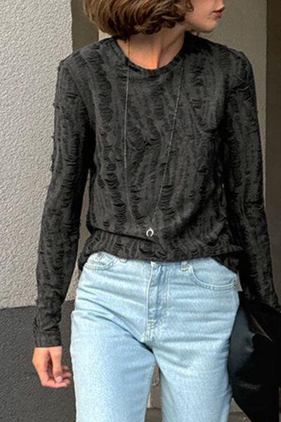 Distressed Round Neck Long Sleeve Blouse