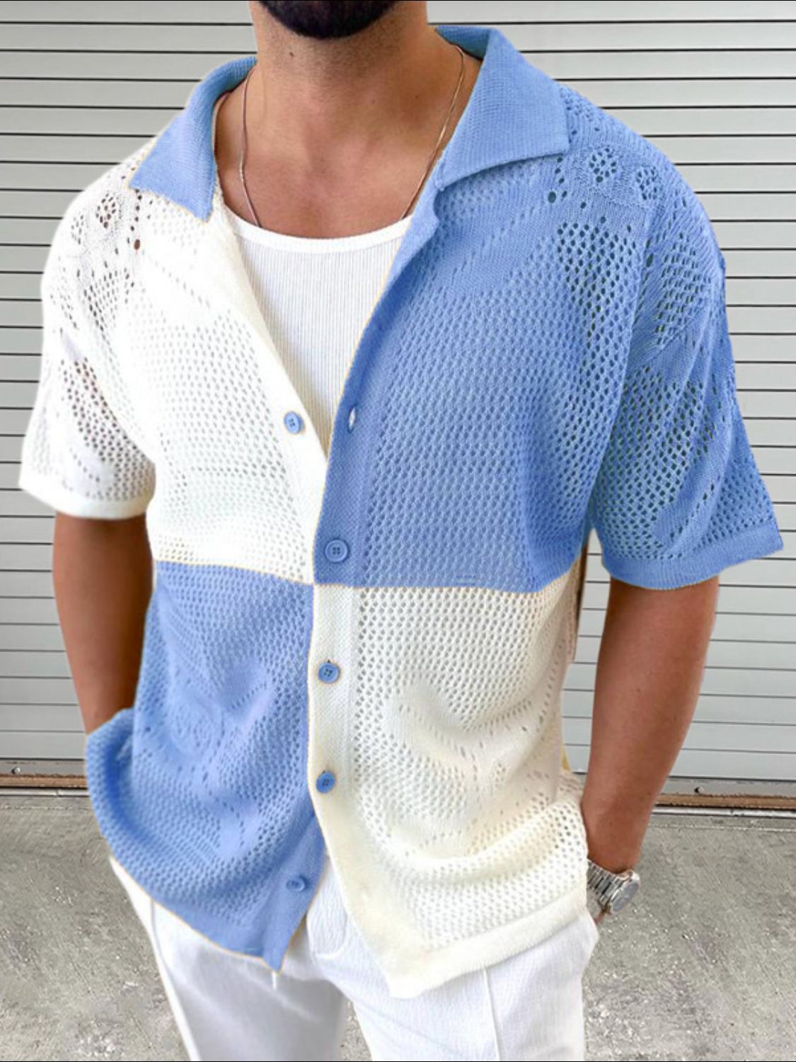 Men's Contrast Button Down Hollow Out Shirt - Clothes For Her Online Store