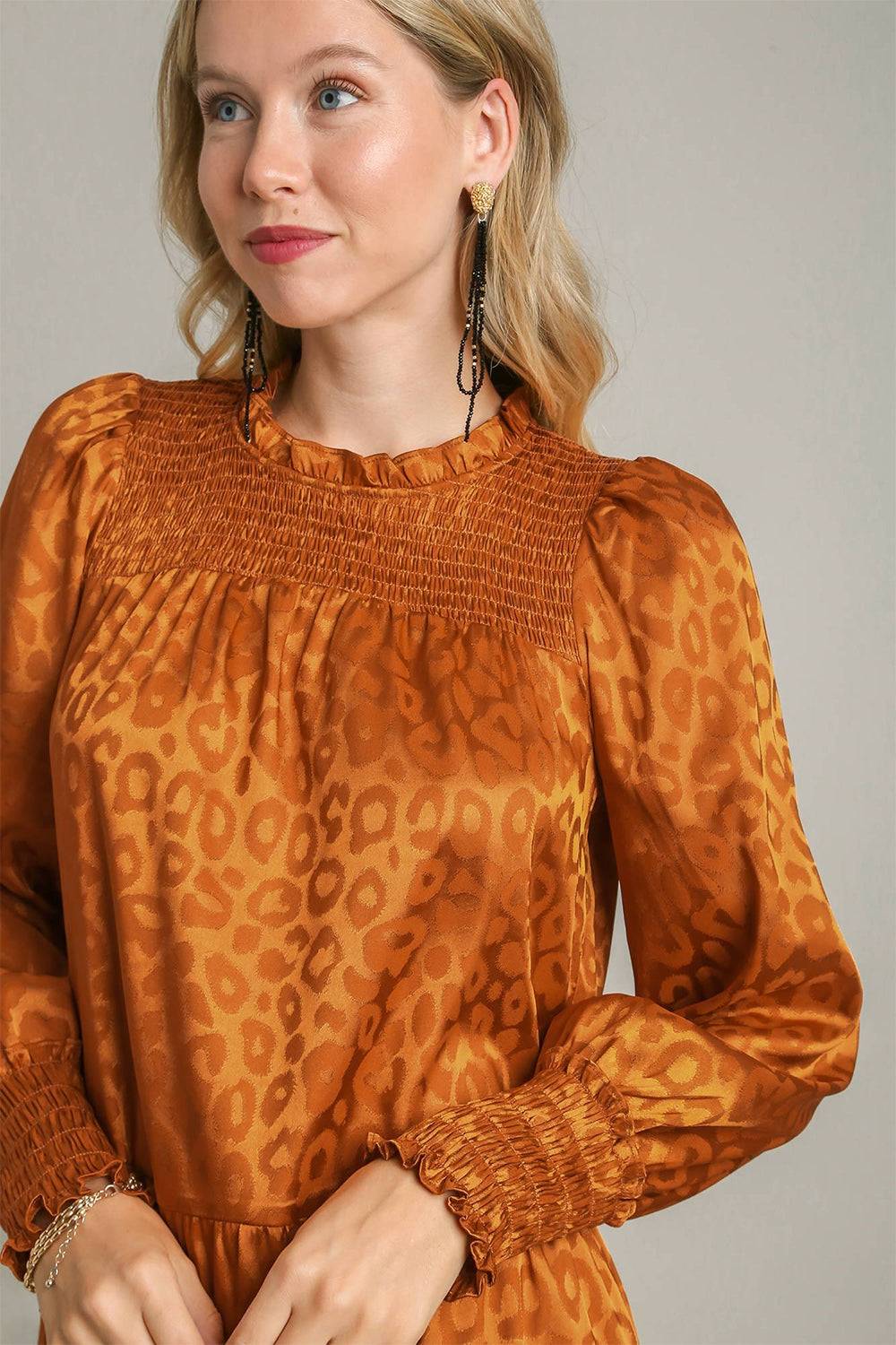 Umgee Smocked Leopard Long Sleeve Tiered Dress - Clothes For Her Online Store