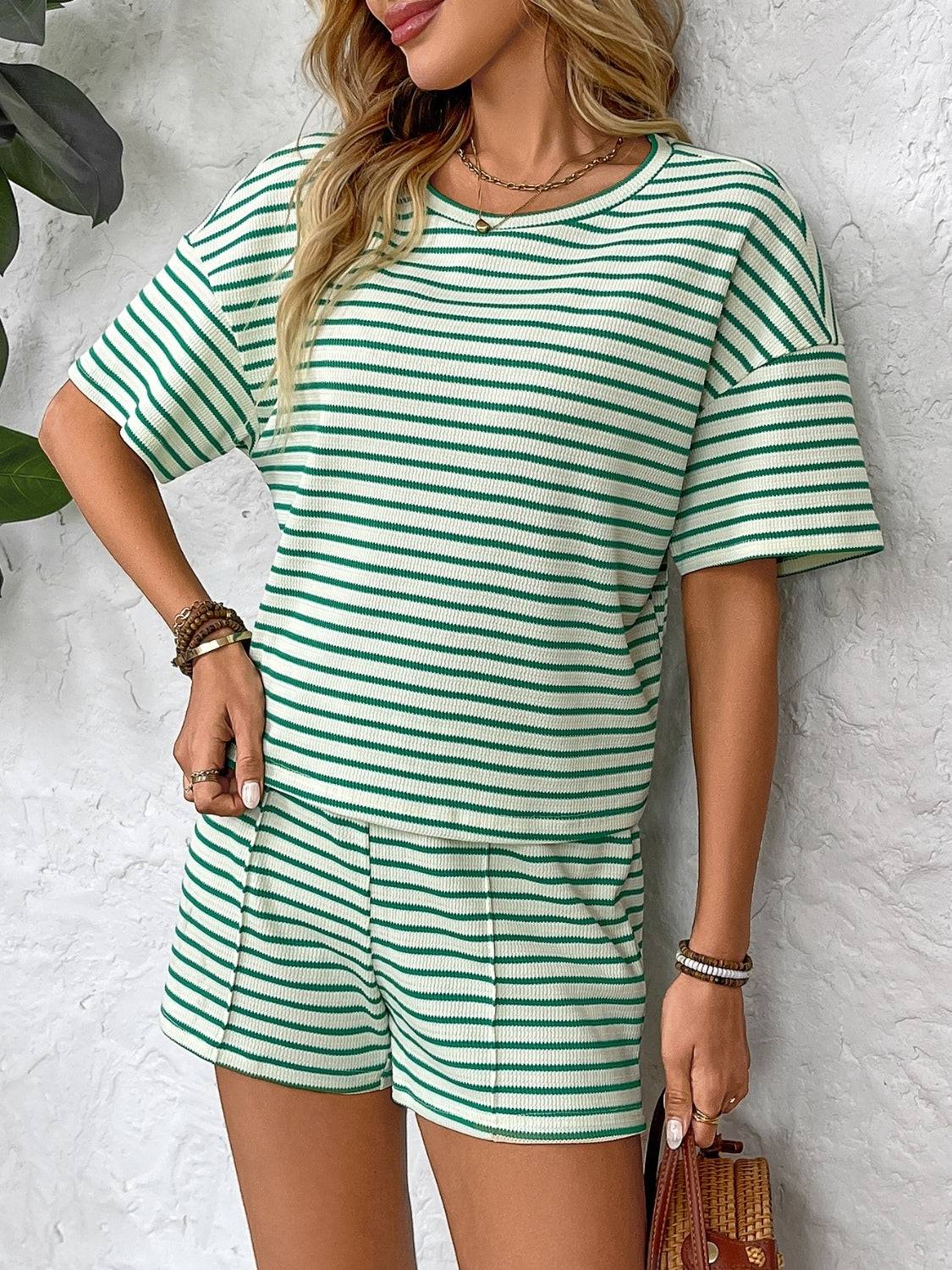 Striped Round Neck Short Sleeve Top and Shorts Set