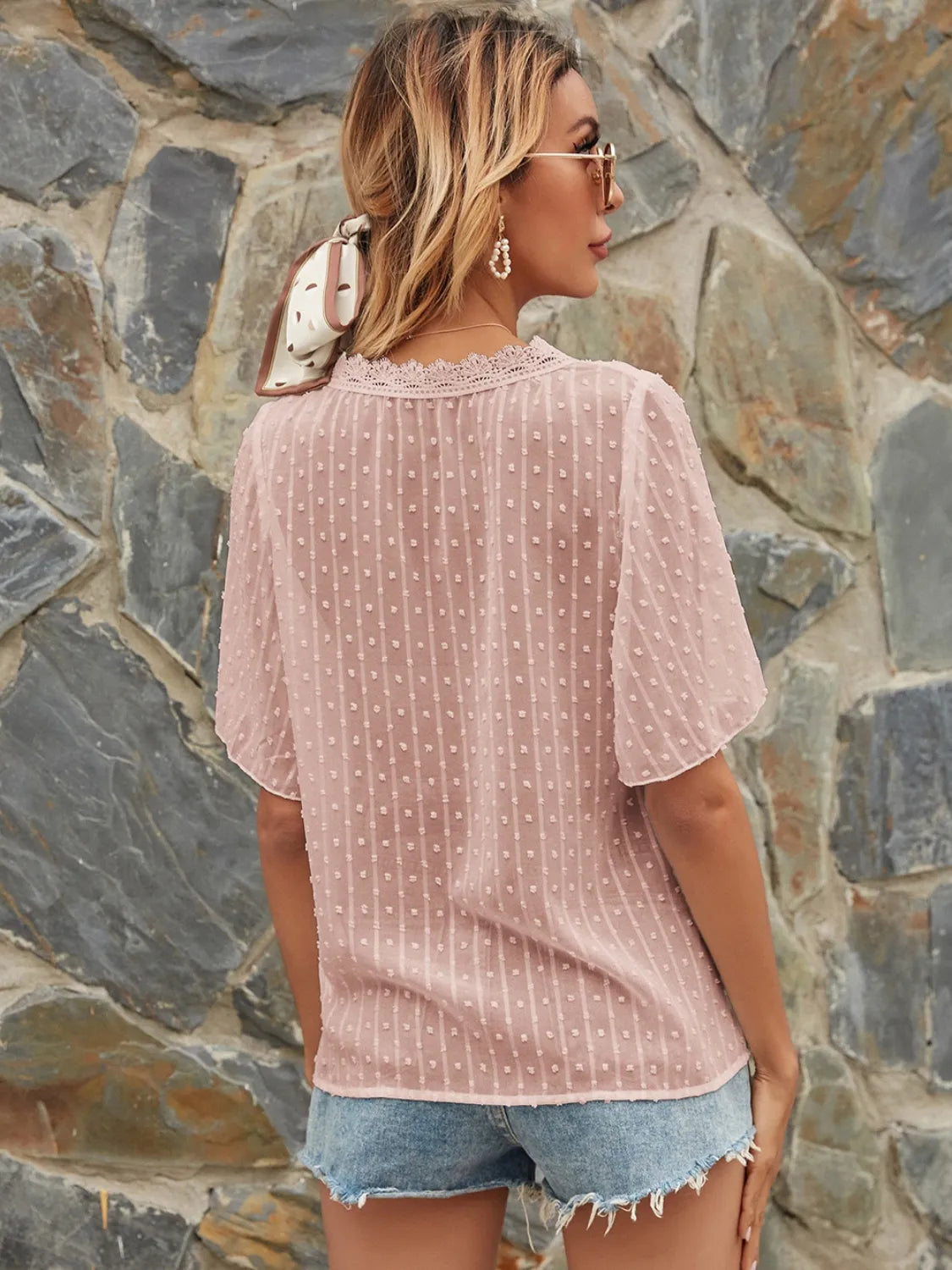 Lace Detail V-Neck Siwss Dot Blouse