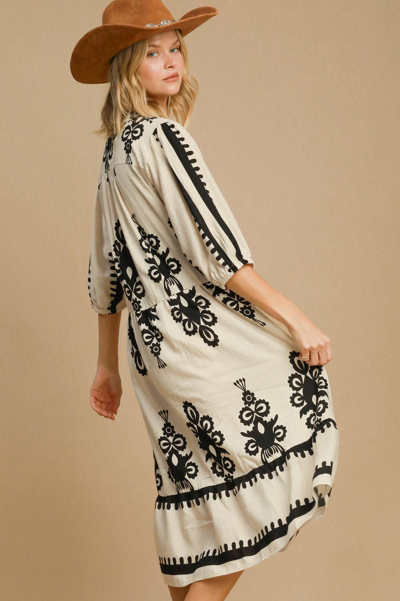 Umgee Printed Notched Midi Dress - Clothes For Her Online Store