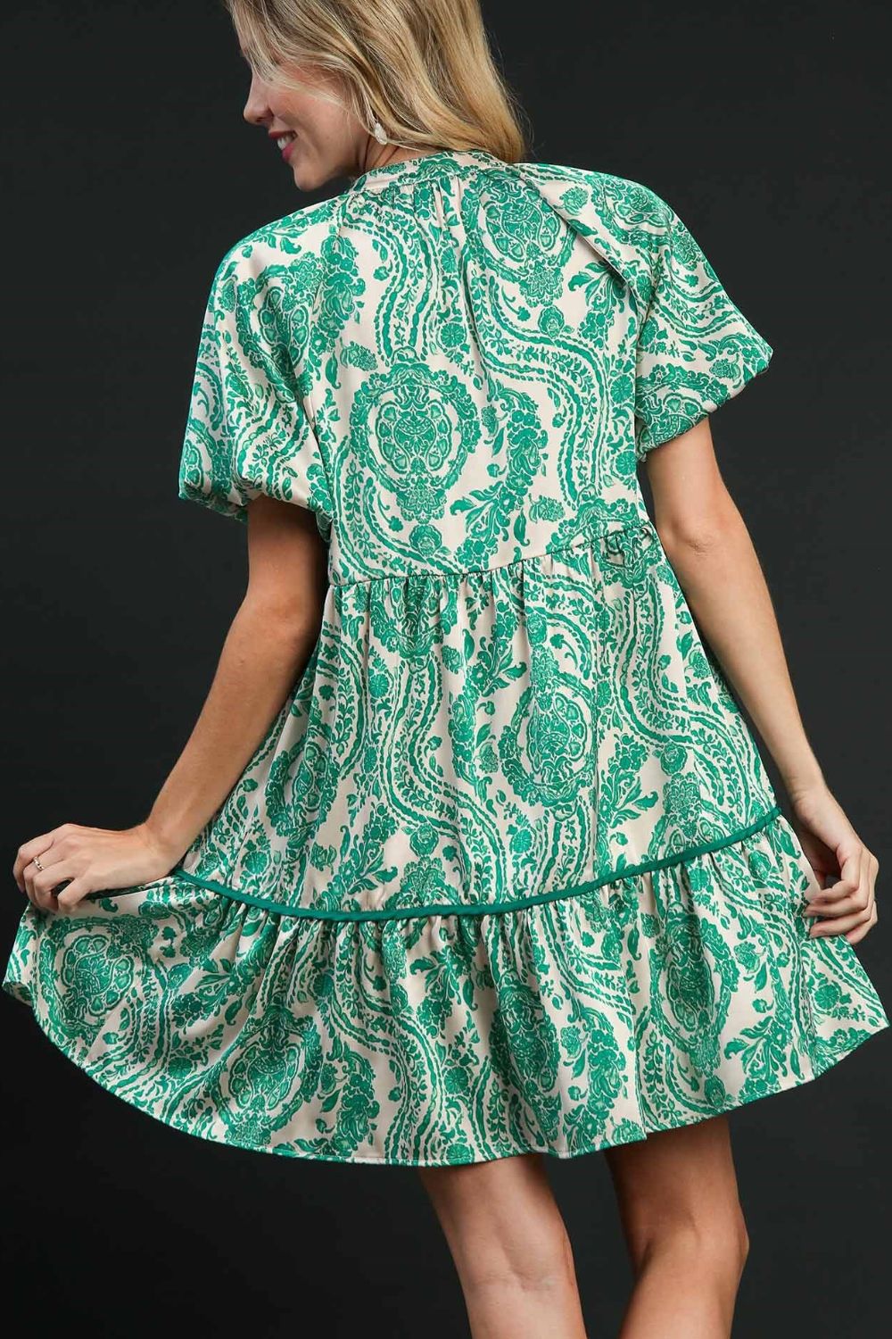 Umgee Full Size Printed Notched Puff Sleeve Mini Dress Plus Size - Clothes For Her Online Store