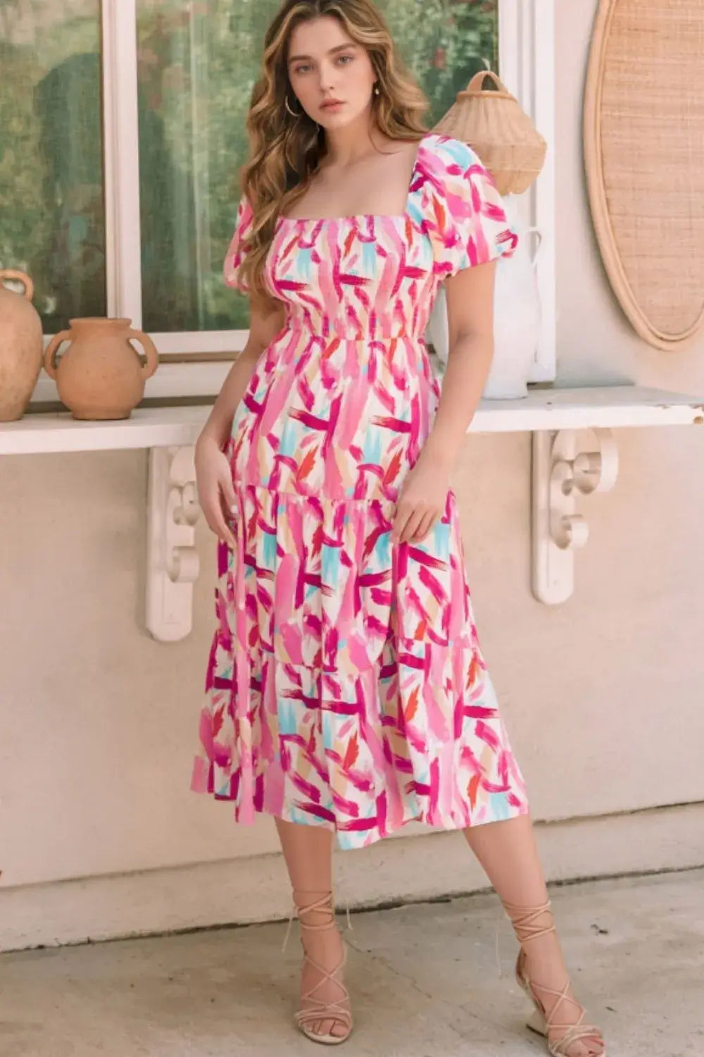 Geometric Print Puff Sleeve Square Neck Midi Dress
