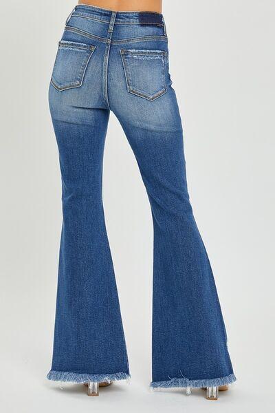 RISEN Full Size High Rise Front Slit Frayed Hem Flare Jeans - Clothes For Her Online Store
