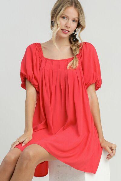 Umgee Full Size Squared Neck Puff Sleeve Mini Dress Plus Size - Clothes For Her Online Store