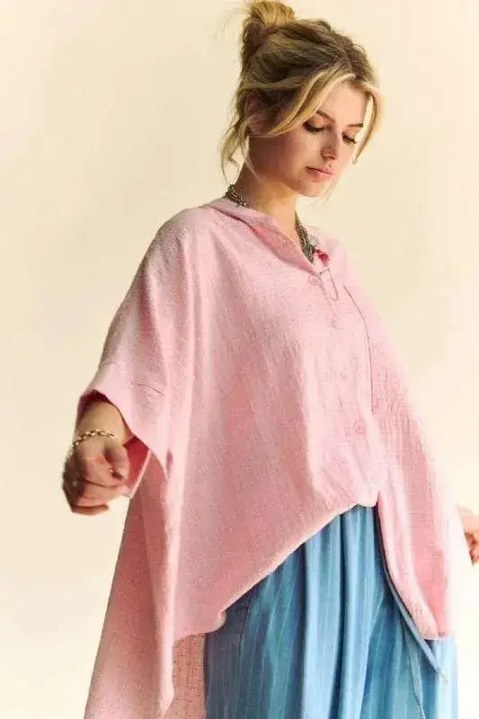 Davi & Dani Rhinestone Pleat Back Short Sleeve Loose Fit Shirt - Clothes For Her Online Store