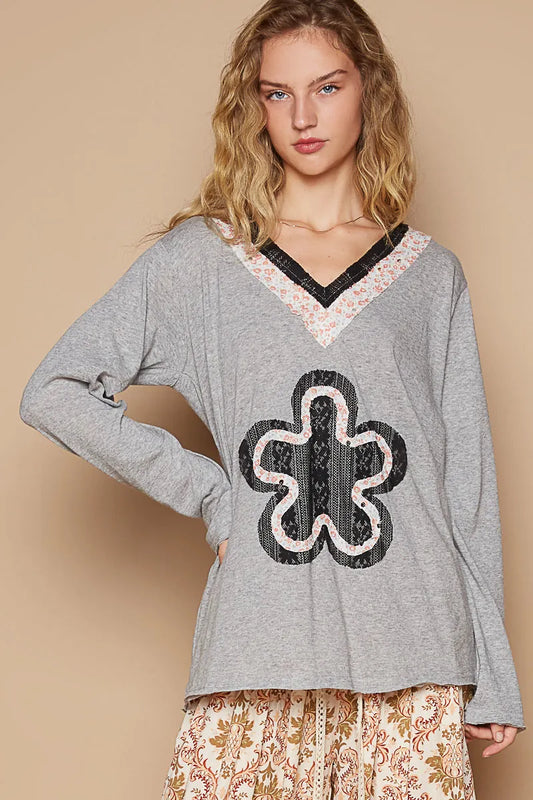 POL Lace Flower Patch Long Sleeve T-Shirt
