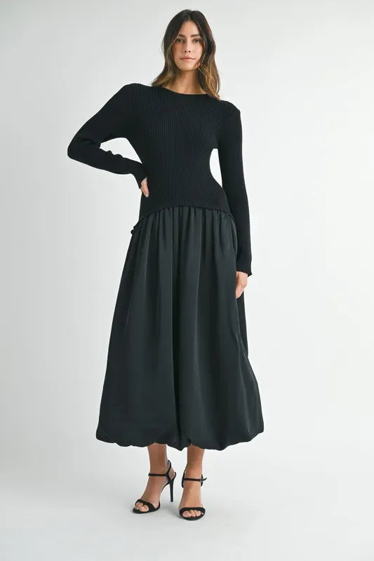 MABLE Ribbed Poplin Mix Midi Sweater Dress