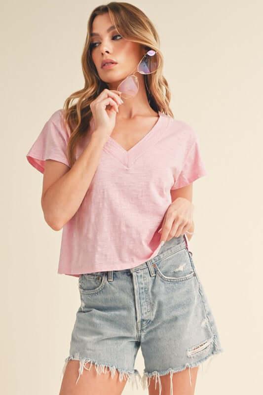 Aemi + Co Side Slit V-Neck Short Sleeve Cropped T-Shirt