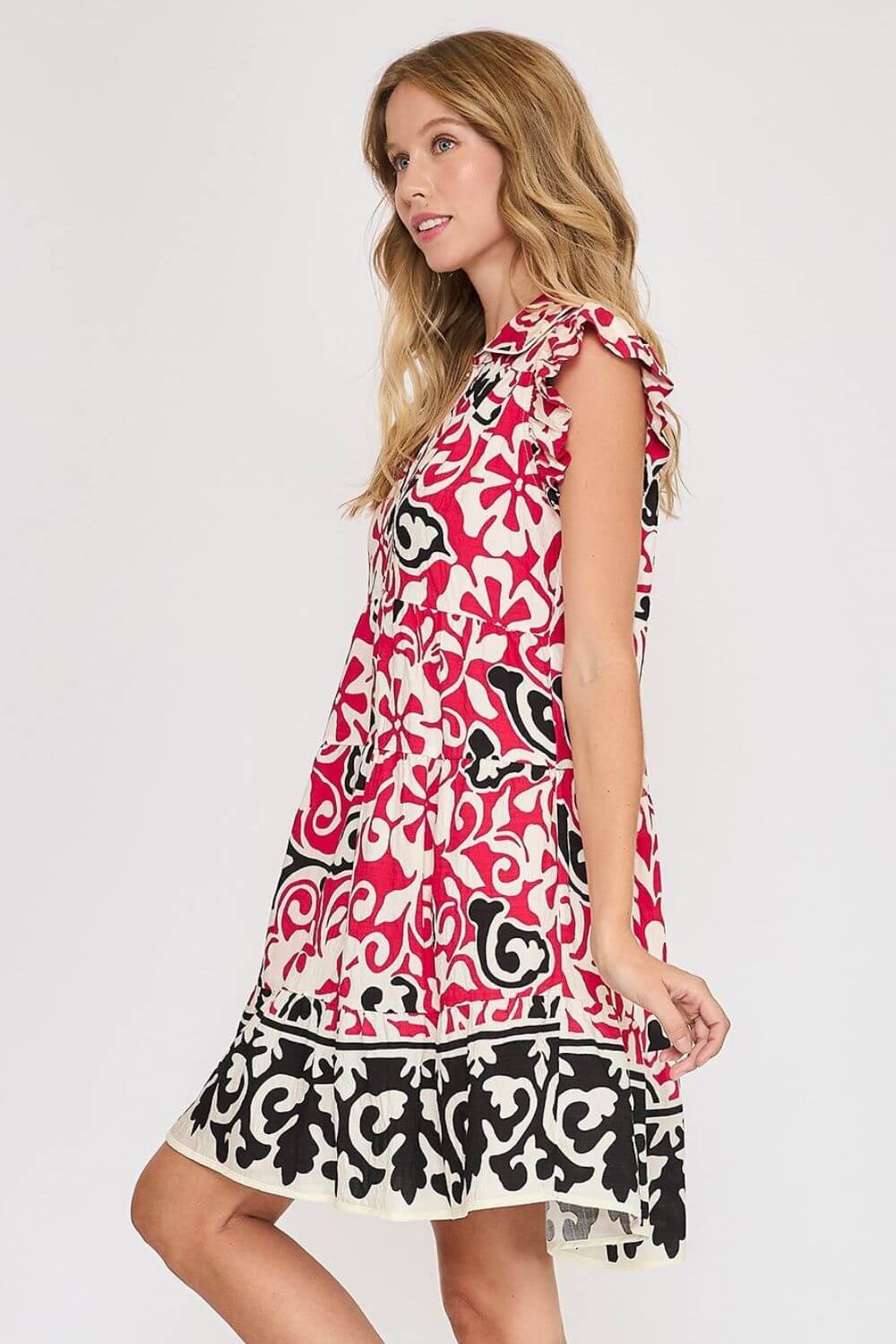 Umgee Floral Ruffled Cap Sleeve Tiered Dress