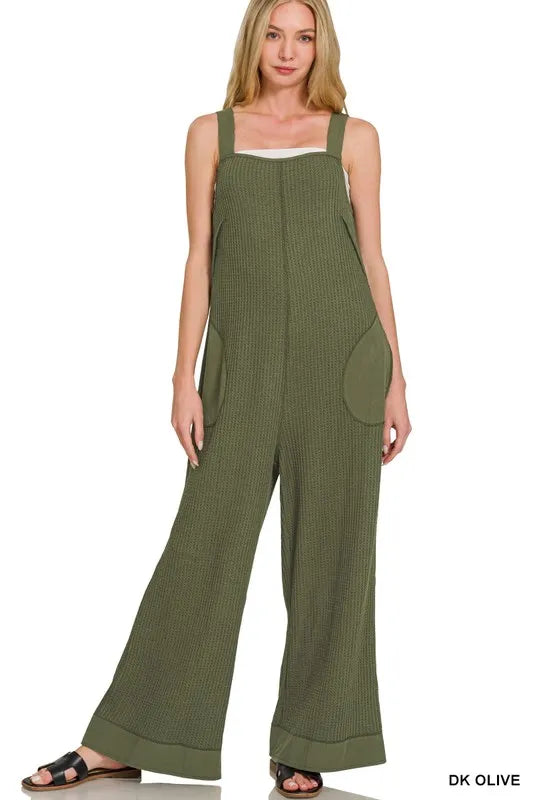 Zenana Knit Waffle Wide Leg Overalls