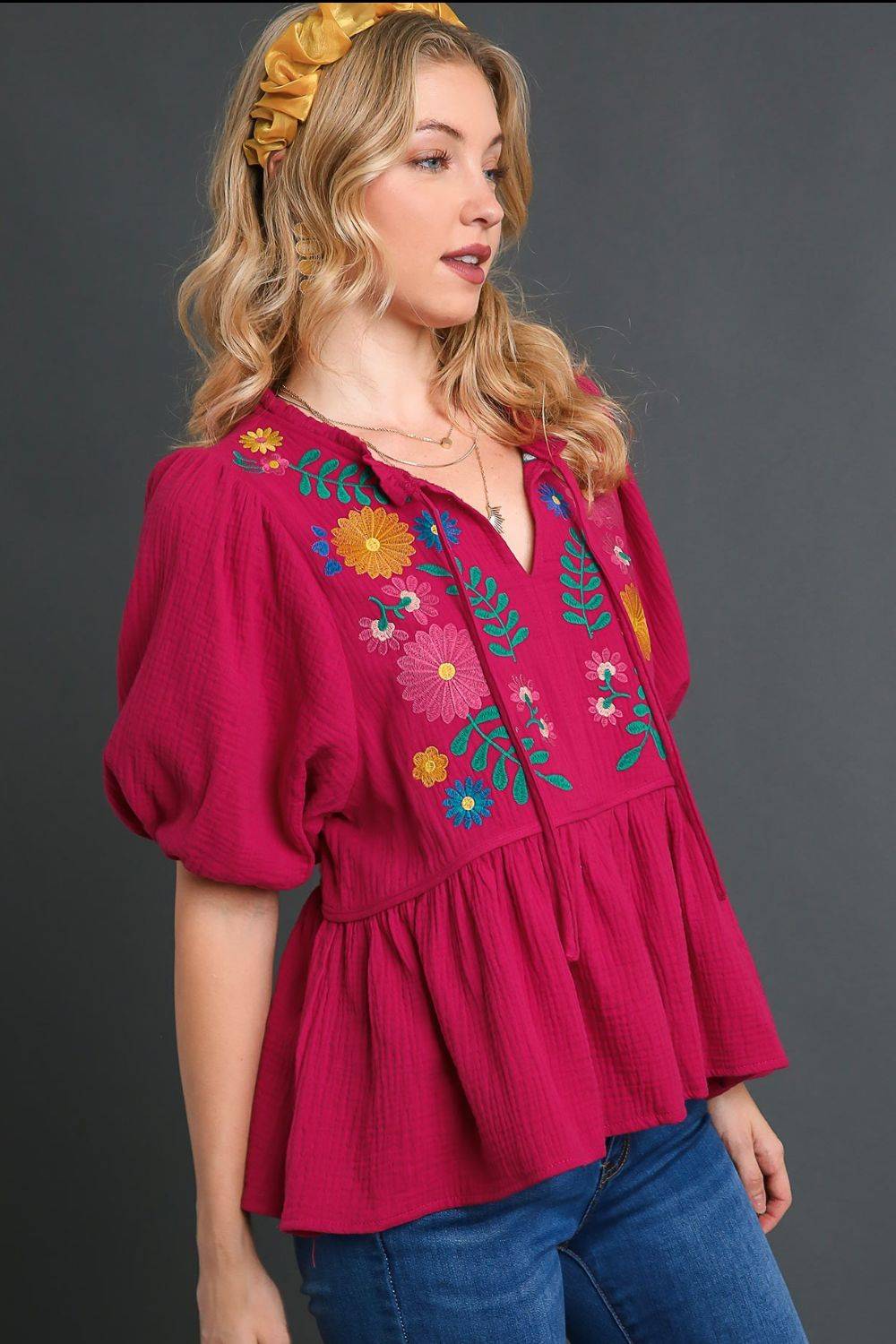 Umgee Full Size Cotton Gauze Floral Embroidery Babydoll Blouse Plus Size - Clothes For Her Online Store