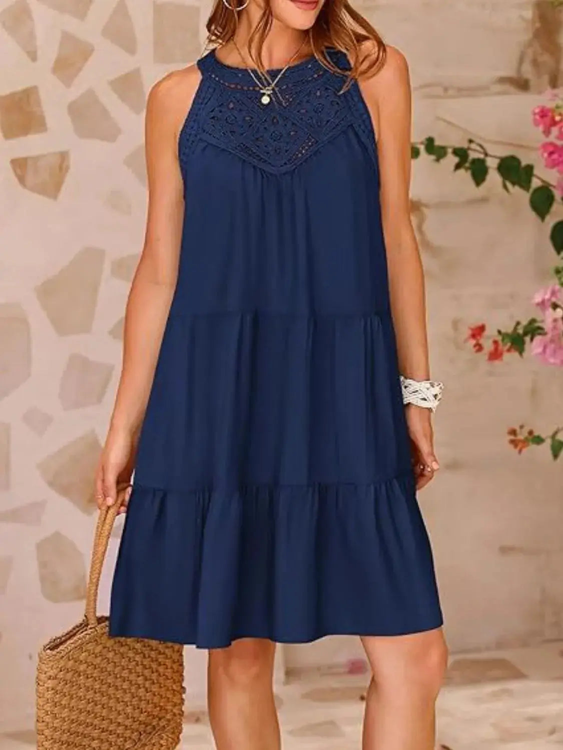 Ruffled Hem Lace Sleeveless Dress - Clothes For Her Online Store