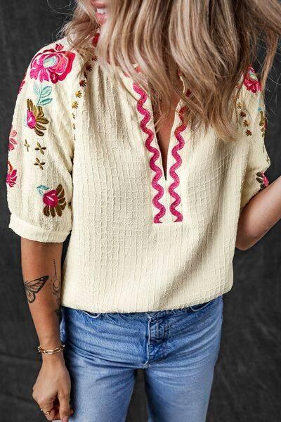 Floral Embroidered Notched Puff Sleeve Blouse