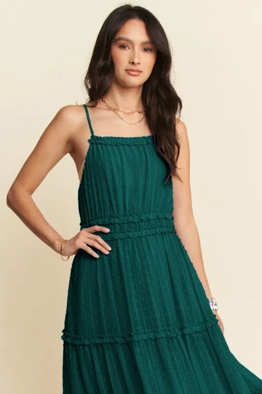 Davi & Dani Texture Swiss Dot Ruffle Square Neck Midi Dress
