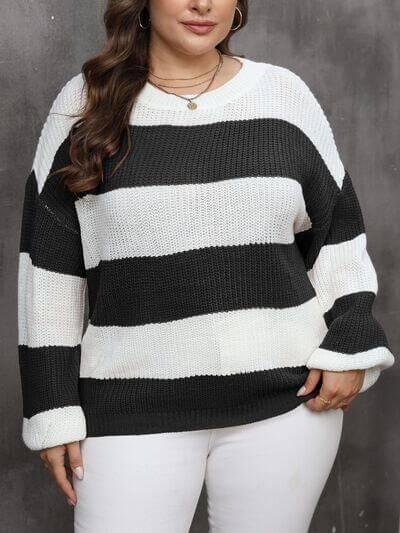 Plus Size Striped Round Neck Long Sleeve Sweater - Clothes For Her Online Store