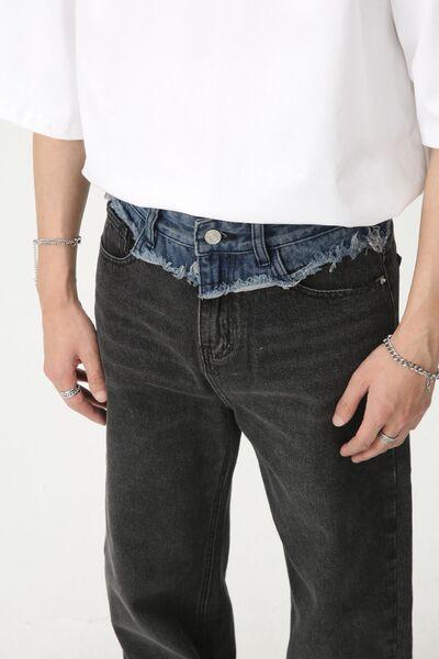 Men's Spliced Raw Hem Straight Leg Jeans