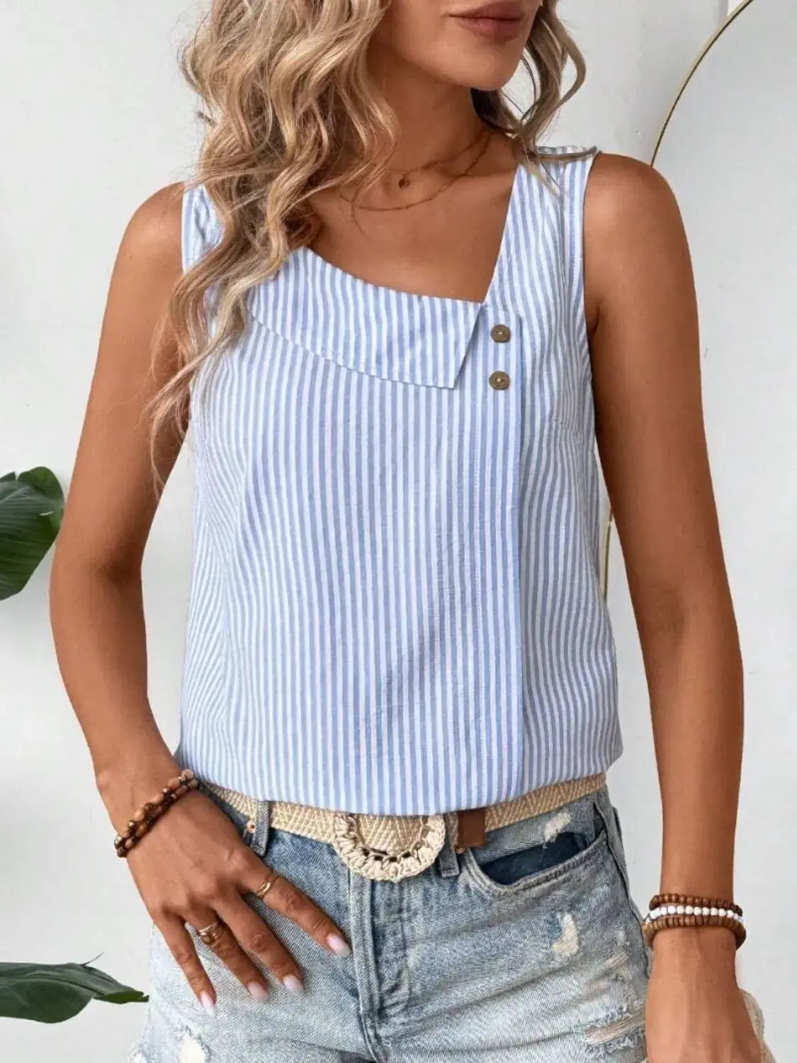 Decorative Button Asymmetrical Striped Tank