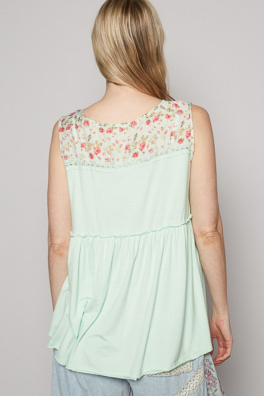 POL Lace Detail Frill Floral V-Neck Sleeveless Top