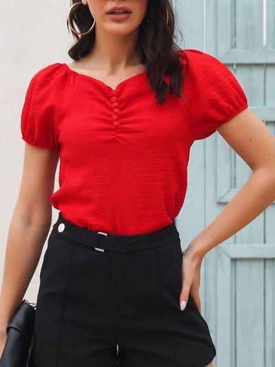 Ruched Decor Button V-Neck Short Sleeve Blouse